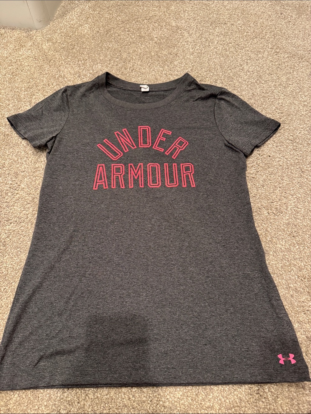 Under Armour Dark Gray Tee with Pink Logo Text